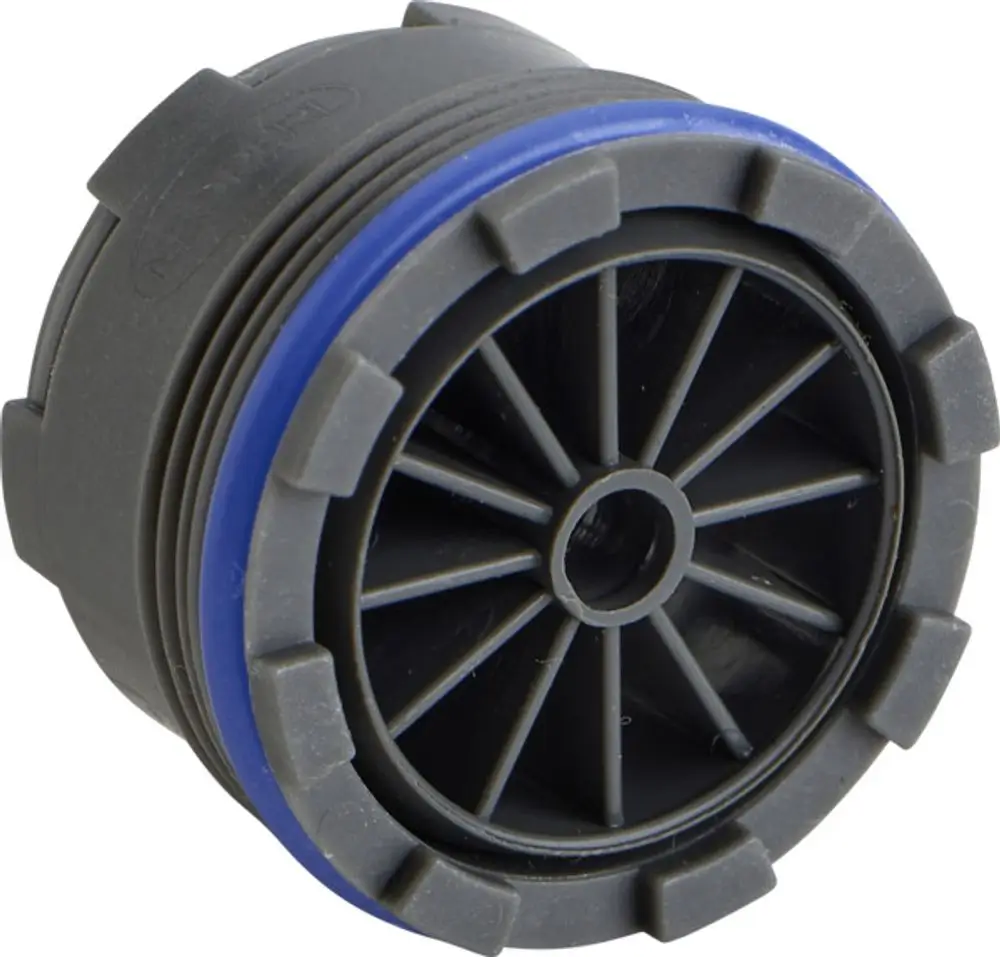 Strahlregler mit geöffneter Mehrfach-Lamellenstruktur in Schwarz und Blau, gefertigt von Ideal Standard, für die Regulierung des Wasserstrahls entwickelt.